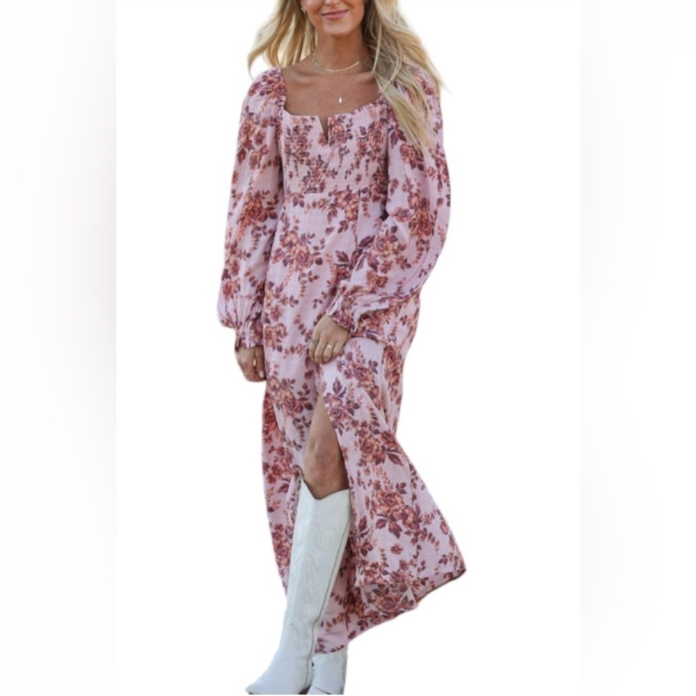 Free People Jaymes Midi Dress  Casual Smocked Long Sleeve S B2964